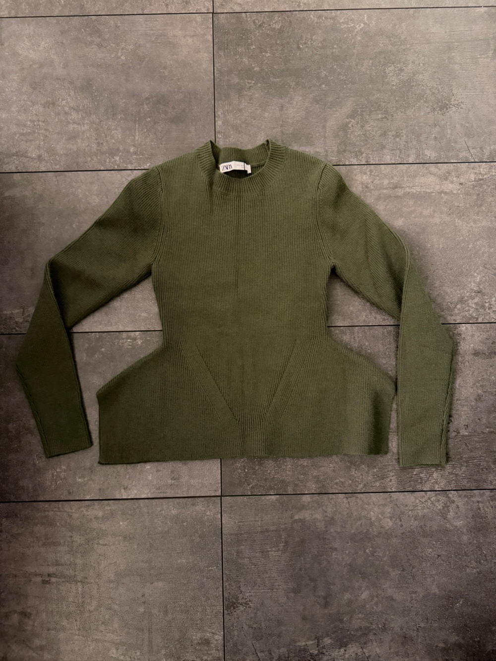 Zara Olive Green Sculpted Ribbed Crewneck Sweater